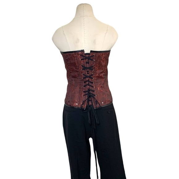 RED Black Corset Top Tapestry Faux Leather Lace up Bustier L/XL Romantic Goth - Picture 3 of 10